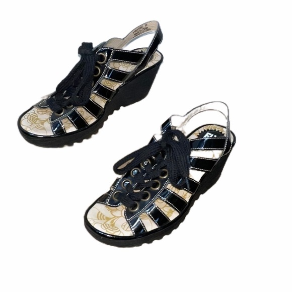 FLY London Black Yito Patent Caged Lace Up Wedges - Picture 7 of 14